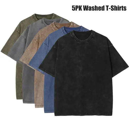 5 Pack washed Tshirts for Men Gym Vintage Heavyweight T Shirts Cotton Workout Acid Wash Baggy Tees