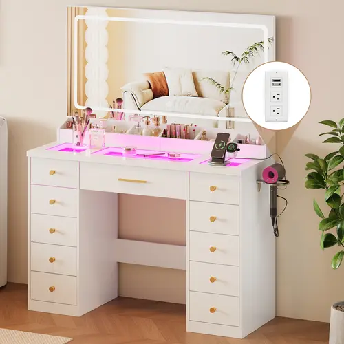 LAKEMID Modern Makeup Vanity Desk, 58.3-in Rectangular LED Illuminated Glass Top (58x48in) with RGB Calm Lighting, 11 Drawers & Desktop Compartments for Storage, Power Outlet, 3 Modes, Stable White Indoor Furniture for Daily Makeup