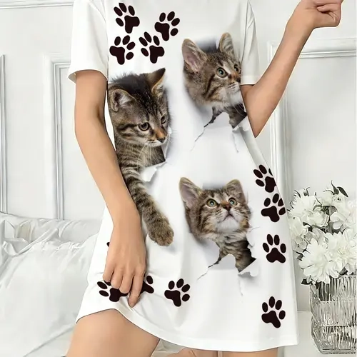 Women's Round Neck Short Sleeve Sleepwear, Nightdress Pj, Cat Paw All over Print Pajamas, Casual Fitted Home Clothing for All Seasons