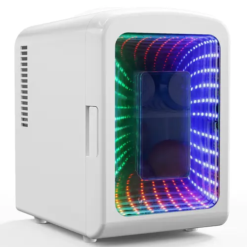 Antarctic Star 4L Dual-Power Rectangular Compact Mini Fridge - Quiet and Energy Saving, Gaming Light, 6-Can Portable Cooler, Removable-Adjustable Shelves, US Plug, White Countertop Beverage Fridge for College Dorms, Office