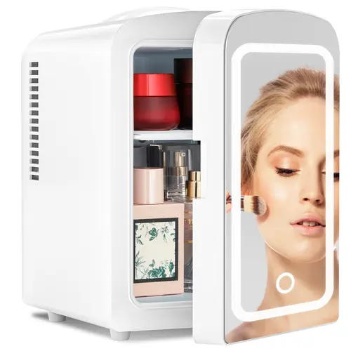 【BackToSchool】Antarctic Star 4L/12oz Plastic Personal Multifunctional Mini Fridge - 9.65"d Saves Desk Space, Adjustable-Brightness LED Cooling Mirror, Fluorine-Free Eco-Friendly, 25db Quiet Run, Ideal for Dorm & Office Small Spaces