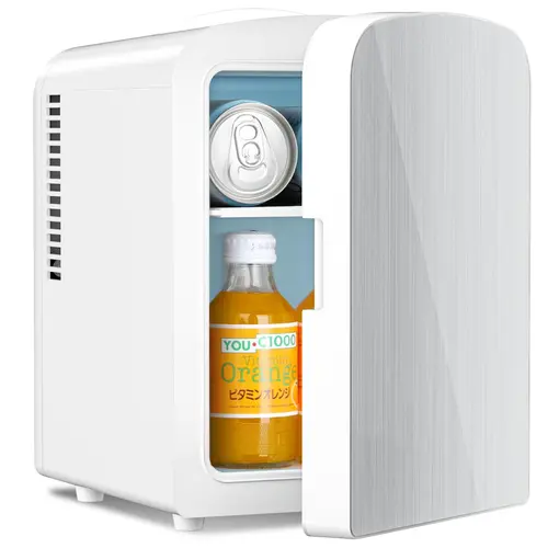 Antarctic Star 4L Mini Fridge - Magnetic Brushed Stainless Steel Door, White, 6-Can Storage, Countertop, Shelf, Fast Cooling, 32°F Below Ambient, Car Power Compatible, Energy-Saving, Manual Defrost, Portable for Office, Camping