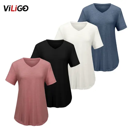VILIGO 4 Pack V Neck T Shirts for Women Short Sleeve Shirts Basic Casual Tees Loose Fit Plus Size Tops Plain Summer Clothes Minimalist