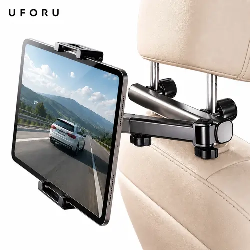 UFORU 3-in-1 Design Car Headrest Tablet & Phone Holder - Clamp Install, Scratchsafe Pads, Adjustable Arm, Universal Back Seat Mount for 4.7"-12.9" Devices (iPad, Galaxy Tab, Fire HD), Charging Cable Compatible, Kids Summer Travel Essential