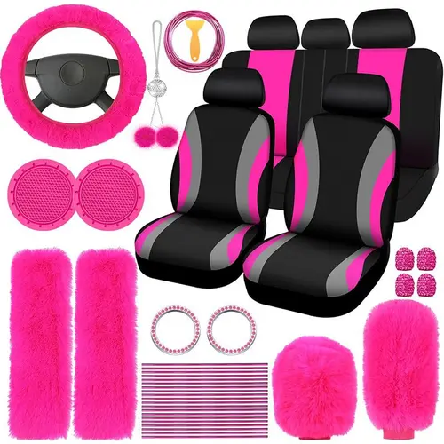 Car Seat Covers & Interior Accessories Set: Thin summer Polyester Five-Seat Car Seat Covers, Plush Steering Wheel Cover and other Ornaments, Suitable for most cars and SUVs