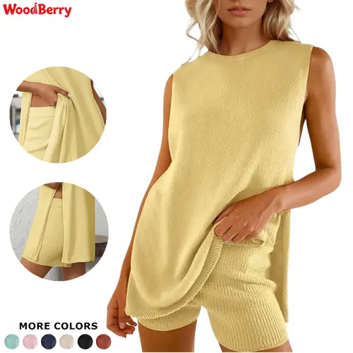 Woodberry Women's Basic Fitted 2-Piece Casual Clothes Set - Ribbed Stay-Put Acrylic Knit Boat Neck Sleeveless Sweater Tunic Top, Above-the-Knee Shorts, for Beach Vacation, Lounge Use