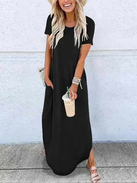 Women's Plain Pocket Round Neck Curved Hem Jersey Tee Dress Style, Casual Soft Breathable Short Sleeve Fit Long Dress for Summer, Ladies Clothes Womenswear for Daily Wear