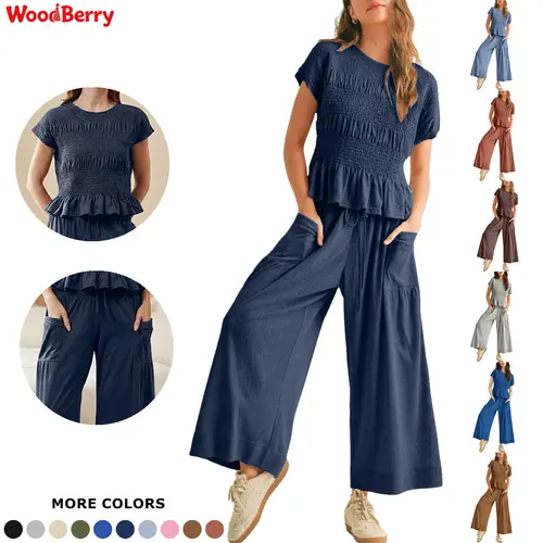 WoodBerry Women's 2-Piece Cotton-Spandex Set - Smocked Crew Neck Short Sleeve Top, High-Waisted Wide-Leg Pants with Pockets, Casual Boho Minimalist Everyday Wear Party Summer Lounge Outfits