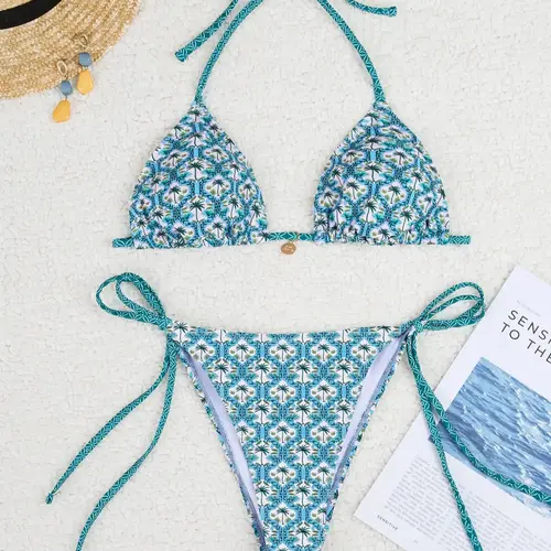 Women's Tropical Coconut Tree Print Bikinis Set, Halter Triangle Swim Bra & Knot Side Swim Panty, Fashion Chic Ladies Bathing Suit for Summer Beach Holiday Vacation Swimsuit Sets