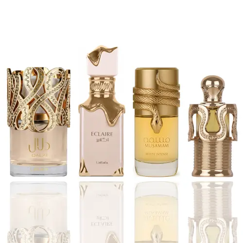 Khair Peach Delulu + Eclaire Banoffi + Musamam White + Haakem -- 4 piece bundle Fragrance Scent Arabian Fragrance Set