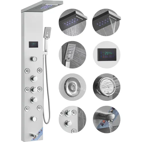 【toolupgrade】VEVOR Wall-Mount Stainless Steel Shower Panel System, 6 Modes, Hydroelectric LED Display, 18.1" Top Spray, Rainfall, Waterfall, 8 Massage Jets, Tub Spout, Handheld Unit, Brass Generator, Fingerprint-Resistant Finish Set