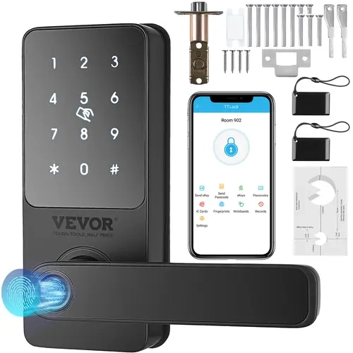 【toolupgrade】VEVOR 5-in-1 Smart Door Knob Security Deadbolt, Bluetooth Keyless Entry Handle with App Control, Digital Keypad + Installation Kit, 300 Passwords, Auto Lock Timer, Fingerprint + Keypad Automatic Electronic Lock for Front Door