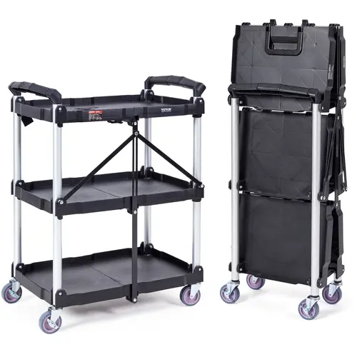 VEVOR Heavy-Duty PVC Tool Utility Cart, 3-Shelf Durable Storage Organizer with Racks, 550 lbs Capacity, Lockable 360° Swivel Quiet Casters, 2 Brakes, Foldable Easy-Clean Polypropylene for Office, Warehouse