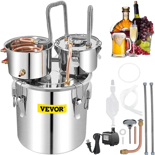 VEVOR Durable 50L (13.2 Gal) Stainless Steel Alcohol Distiller Set, with Copper Tube, Built-In Celsius-Fahrenheit Dual Temp Display Thermometer, Flexible Silicone Pumps, Easy to Operate, for Stove/Firewood Use (Bar & Wine Utensils)