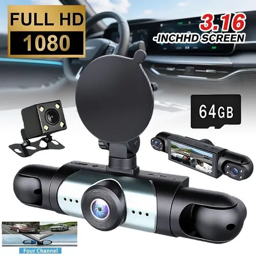 【TechVibes】4-Channel Dash Cam Full Set, 3-Lens Car DVR with 3.16 inch IPS Screen, 64GB Micro SD Card, 24/7 Security Surveillance, 360° View, Parking Mode, G-Sensor, Night Vision, Loop Recording, USB-C, for Cars & Trucks, Summervibes, 4 Channels, 720P