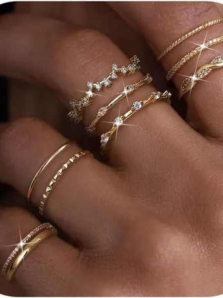 CASSIECA 9pcs Stacks Rings Gold Silver Waterproof Adjustable Statement Rings for Women Stackable Thumb Finger Engagement Promise Ring Set Jewelry, Stacking Ring Set, Metal Coating SummerVibes Promiserings,summerwins