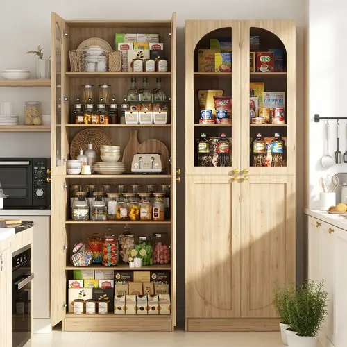 80" Tall Sturdy Durable Wood Kitchen Pantry Storage Cabinet, Freestanding 6-Tier Buffet Cabinet with 4 Doors, Adjustable Shelves, Tempered Glass, Elegant Farmhouse Arch Detailing, Assembly Required for Dining Room, Living Room