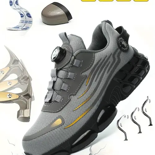 Men's Lace Up Low Top Anti Piercing & Anti Smashing Safety Shoes with Rotating Button, Casual Comfortable Breathable Contrast Mesh Work Shoes, Contrast Mesh Design Anti-slip Shoes for Outdoor Work, Working Shoes