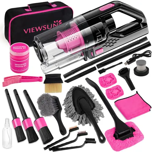 【TikTokShopFallDealsForYou】Viewsun Car Vacum Cordless Rechargeable, 8000PA High Power Handheld Vacuum Cleaner with 17PCS Car Cleaning Kit, Pink Auto Accessories for Women Gift，Summervibes