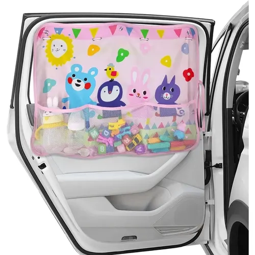 Car Window Sunshade - Pink Animals - 1 Pack, 27.5"x20" Cover, 7-Cup Secure Hold, Soft Cloth, UV Protection Heat Shield, Storage Net Pocket, Universal Fit for Standard Cars SUVs Minivans MPVs Trucks