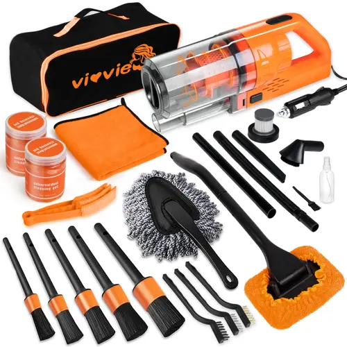 【TikTokShopFallDealsForYou】Vioview 17Pcs Nylon Car Detailing Kit - Interior Deep Clean Supplies with High-Power Portable Vacuum, Detailing Brushes, Brass Wire Brush, Lint-Free Windshield Cleaner, Orange Accessories - Christmas, Father’s Day Gift for Men