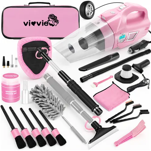 Pink 25Pcs Car Cleaning Kit Multipack - 4-in-1 Handheld Power Vacuum (4in1 vacuum modes, 7500Pa, LED Light, 15ft reach), Detailing Brushes, 2-in-1 180° glass contact Windshield Cleaner, Interior Cleaning Tools, Car Accessories, Gifts for Sisters
