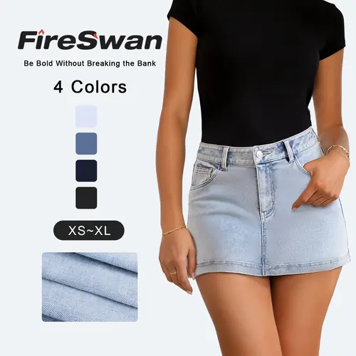 FireSwan High-Waisted Denim Jean Skirt Casual Mini - 2026 Trendy Stretchy Fabric, Oversized Fit, Chic Everyday Bottoms for Women, XS-S (S 4-6) Summer Casual Party Wear