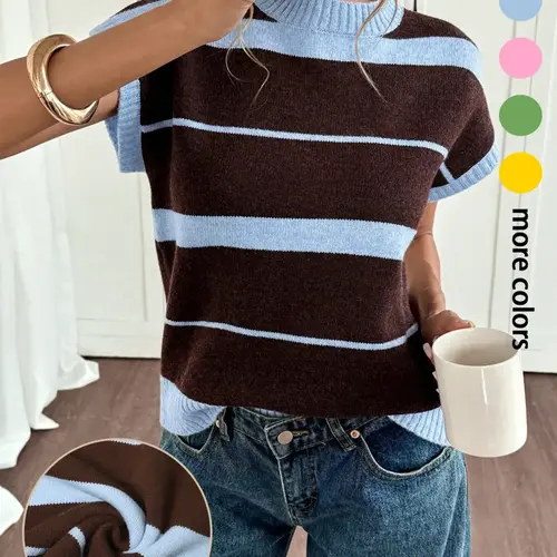 Women's Striped Mock-Neck Knit Short-Sleeve Top, Casual Versatile, for Spring & Summer, Daily Commute and Outdoor Activities