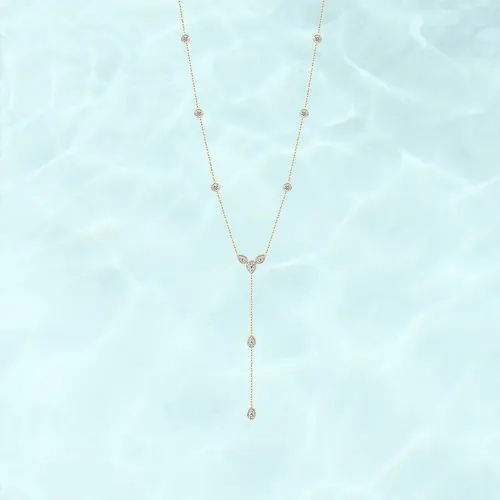 PAVOI Waterproof Lariat Long Necklaces for Women -14K Gold Plated Y Chain Lariat Necklace with Cubic Zirconia - Stainless Steel Drop Chain Trendy Jewelry