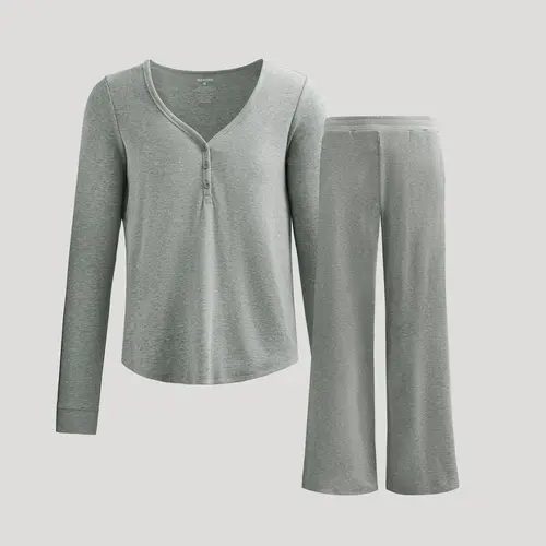 True Classic Women's 2-Piece Cotton Fabric Boxy Basic Waffle Knit Henley & Wide Leg Pant Set for Everyday Loungewear