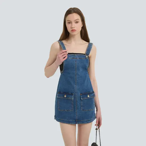 FireSwan Women's Basic Minimalist Greenish Denim Blend Adjustable Strap Sleeveless Mini Overalls Dress - Chic, Fashion, Casual Comfy Jumpsuit, Pockets, Some Stretch, All Seasons, Overalls for Women