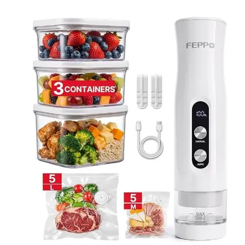FEPPO Compact Handheld Vacuum Sealer for Food (Machine + 10 Reusable Bags) – Kitchen Gadgets with Anti-Overflow Protection, Auto & Manual Modes, Travel Lock, Easy-Clean, ABS Build, Handheld Shape, Motor Protection