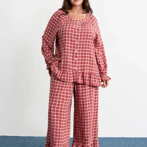BloomChic Gingham Print Ruffled Hem Co-Ord Pajama Set 【M-6XL】