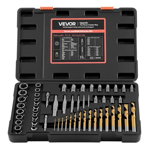 VEVOR 54-Piece Cr-Mo Steel 54-pc Repair Power Tool Kit, 16 Drill Bits, 13 Spline Socket Extractors, 2 Adapters, Solid Storage Case, Laser Etched Quick Size ID, SAE/Metric Compatibility for DIY Daily Repairs (Power+Hand Tool Use)