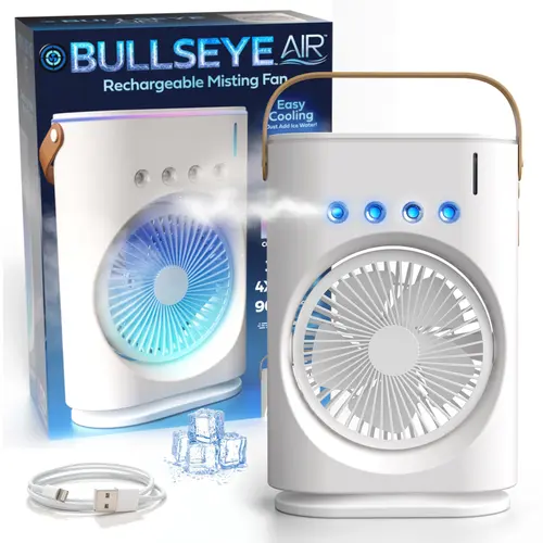 Bullseye Air Cool Misting Fan, Remote Controlled, Oscillating, USB-C Rechargeable, Color Changing, Lightweight, Portable,