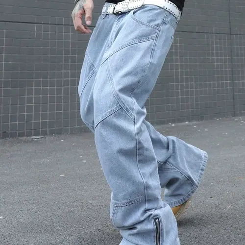 2026 Spring Summer Paris Style Loose Flare Light Washed Blue Denim Jeans, Flared Streetwear Trendy Stylish Vibe Men's Fashionable Trousers, Versatile Casual Wear for Every Occasion Pants, Pocket, Zipper, Menswear