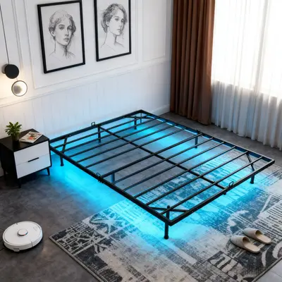 Sweetcrispy Queen Size Floating Platform Bedroom Bed Frame - Metal Bedframe with LED Lights, 2-Outlet & USB Ports Charging Station, No Box Spring Needed, Anti-Sliding, Noise-Free, Easy Assembly, Bedroom Bedframe