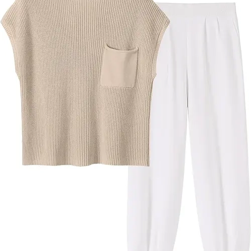 Ekouaer Women's 2-Piece Fabric Loungewear Set - Cap-Sleeve Knit Mock Neck Crop Top, High-Waisted Jogger Pants with Pouch Pocket, for Casual Lounging & Nightwear