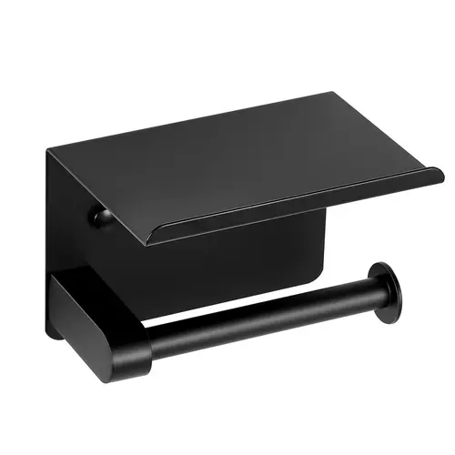 VEVOR Rustproof 304 Stainless Steel Bathroom Paper Holder with Shelf, Anti-Fall Design, Durable, Waterproof, Smooth Edge Safety, Large Diameter, Dual Mounts (Screws + Adhesive Tape), Matte Black, Easy Installation for Small Items