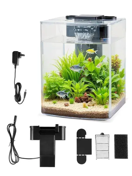 VEVOR 2 Gal Arch Ultra-Clear GPPS Fish Tank Aquarium, Smart Starter Kit with 3 Lighting Modes, Auto Water Quality Filtration Self-Cleaning System, Odor-Cut Carbon, Hydroponic Plant Tray for 3-5 Freshwater/Saltwater Fish (Home, Office Use)