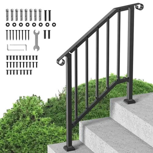 VEVOR Outdoor Stair Handrail Kit, 2-3 Step Carbon Steel Railings with Durable Accessories, Double-Bolts Secure Easy Installation Kit, Adjusts 5-40° for Natural Reach, 220 lbs Capacity Black Retro Arch, for Seniors, Works on Concrete Wood Tile