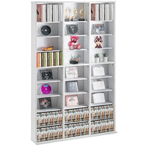 VEVOR Freestanding Media Storage Shelves for Storage, 9-Layer Adjustable Shelves with 27 Compartments, Widened Stable Base, Holds Up to 756 CDs, Fits CDs/DVDs/Books, Organizes Collections, White#SohoChic
