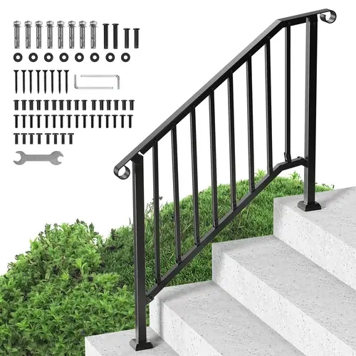 VEVOR Metal Adjustable Outdoor Iron Stair Handrails for 3-4 Steps, Transitional Railings with Hardware, Double-Bolts Secure, Thickened Grip, Nuts & Installation Kit, 220 lbs Capacity Safety Rail for Seniors, Black Retro Arch Concrete Porch