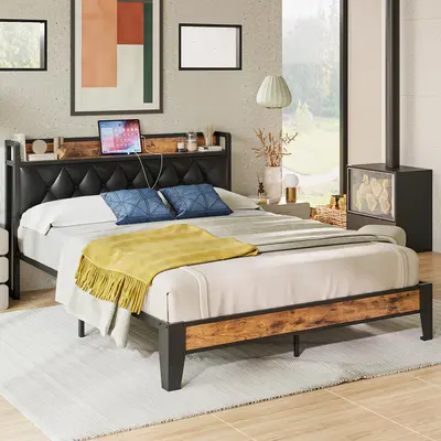 Summer Vibes ANCTOR Upholstered Platform Bed Frame, King Size Bed Frames with Storage Headboard (Built-in Outlets), Sturdy No-Noise Design, Easy to Install, No Box Springs Needed, King Size Bed Frame