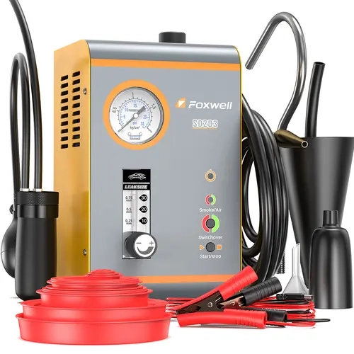 FOXWELL SD203 Compact Automotive Smoke Machine Diagnostic Tool - 12V Built-in High-Performance Motor, Dual Mode, Inflatable Adapter, Intake Adapter Cone, 23pcs Kit with Funnel, Cap Stoppers, Compact & Easy to Store, 2.5kg for Vehicle Pipe Testing