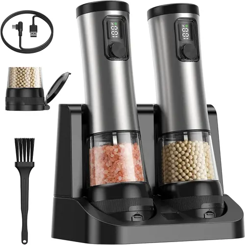 Summerwins Rechargeable Automatic Salt & Pepper Grinder Set (2-Pack) - Stainless Steel Kitchen Seasoning Utensils with Ceramic Grinder, Adjustable Coarseness, 2-Speed Control, Large Capacity, 1-Hand Operation, LED Light for Kitchen & Camping