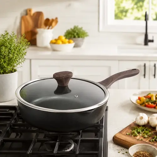 11-in Aluminum Cast Body Nonstick Deep Frying Pan with Glass Lid, Scraper & Spatula - Durable Cookware, Family-Size Stir Fry Skillet, Easy to Clean, All Stove Compatible