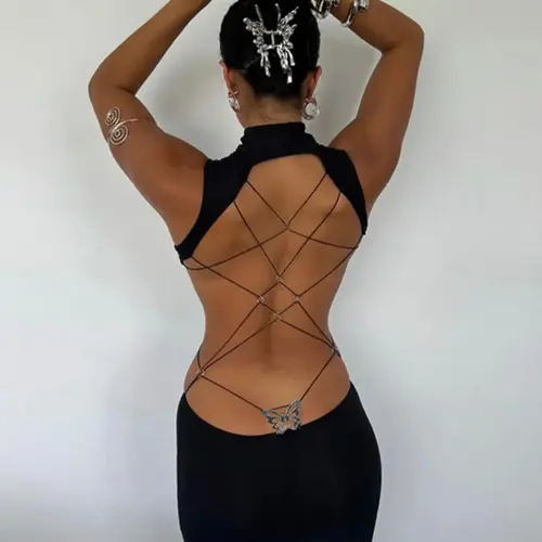 Women's Backless Butterfly Decor Bodycon Dress, Fashionable High Neck O-ring Sleeveless Tank Dress for Party Club Dating Wear, Dresses for Women, Fall Dresses, Ladies Back To School Clothes for Fall, Birthday Dresses 2026,dresses for women