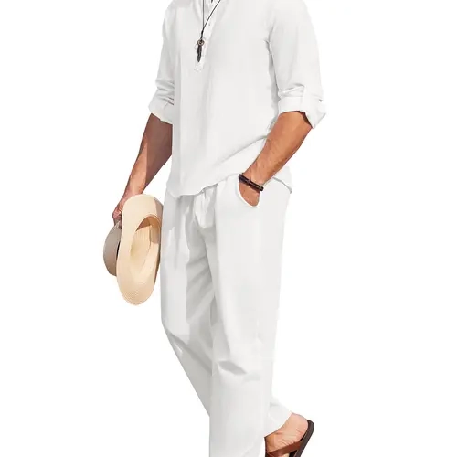 COOFANDY Men's 2 Pieces Cotton Linen Set Long Sleeve Henley Shirts Casual Beach Pants With Pockets Summer Yoga Outfits Classic Menswear Simple
