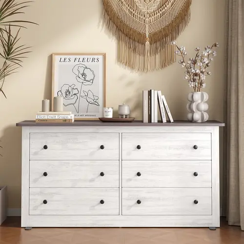Sweetcrispy 59in Space-Saving Drawer Dresser - Sturdy Wood, 6 Drawers, Ball Bearings, Vintage Modern White, Scuff-Resistant Moisture-Resist MDF Board, Easy-Pull Design, Assembly Required, Bedroom Storage Cabinet, Small Space Furniture